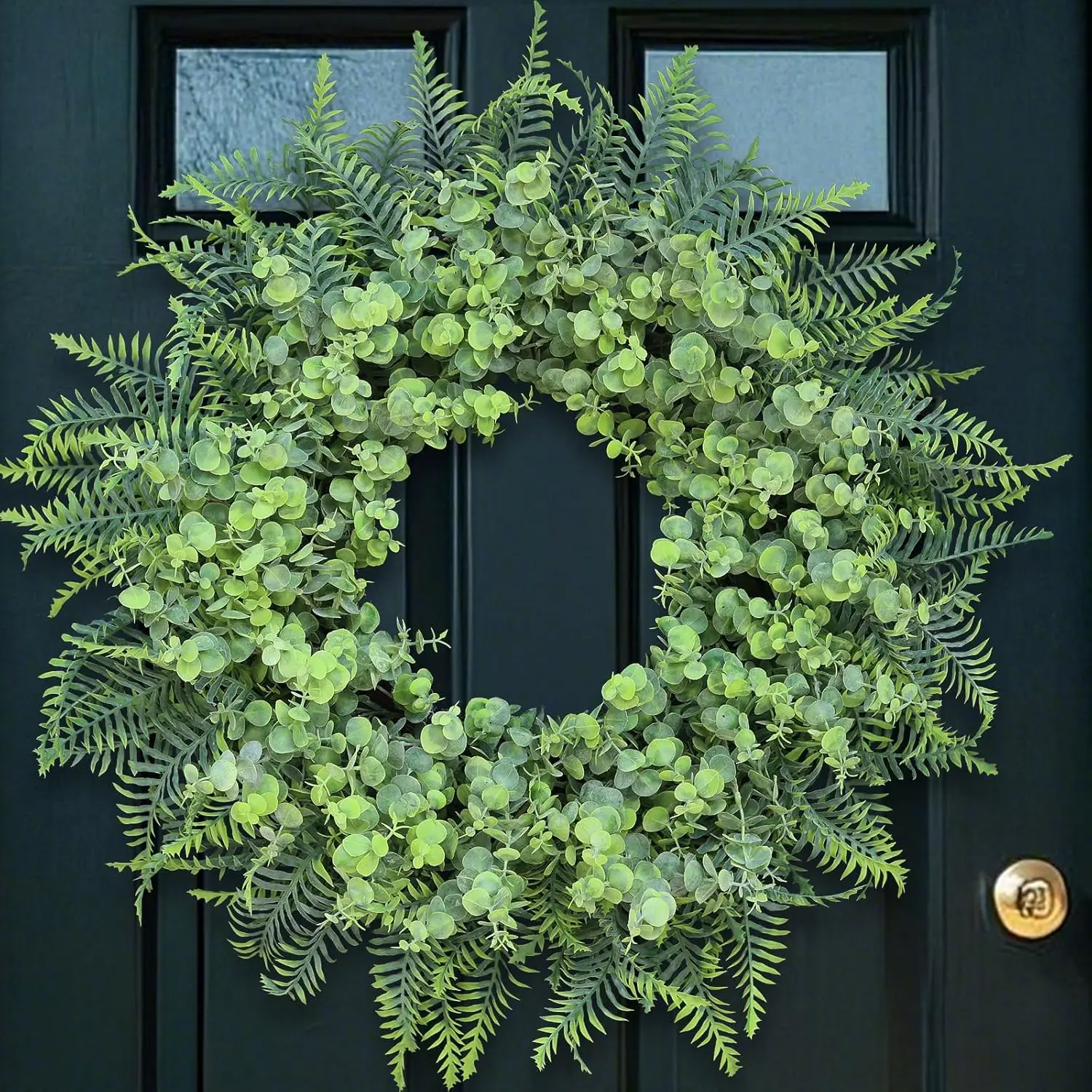 26" Large Artificial Eucalyptus & Ferns Wreath for Porch(Gray-Green)| Fake Greenery Wreath, Lifelike and Full, for Front Door//Window/Farmhouse/Wall//All Decoration