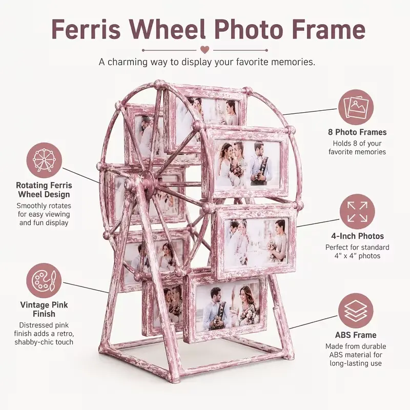 Rotating Ferris Wheel Photo Frame, Vintage Weathered 8-Slot 4-Inch Photo Holder, Home Decor, Family Memories, Gift for Birthday Valentine's Day