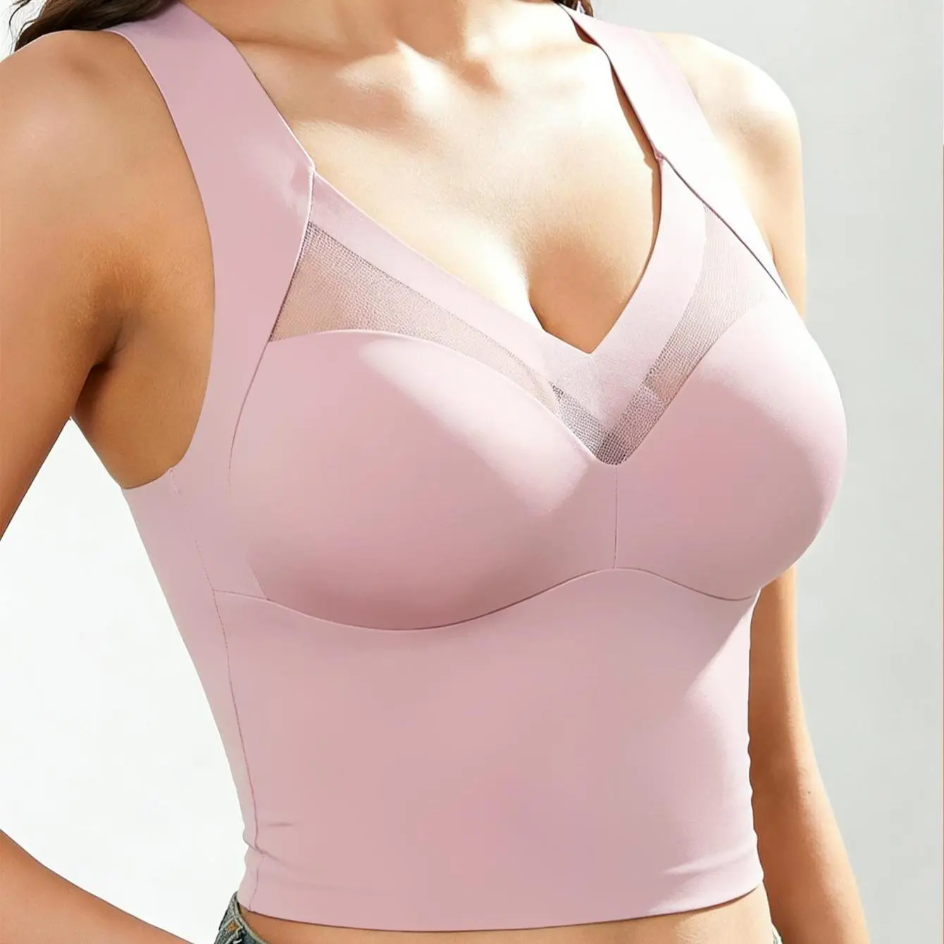 EssElegance Women's Blush Pink Wire-Free Longline Bralette Criss-Cross Mesh Neckline Soft Padded Camisole Top Wide Shoulder Straps Low Impact Yoga Sports Bra Cozy Sleep Lingerie Sweet Romantic Everyday Wear