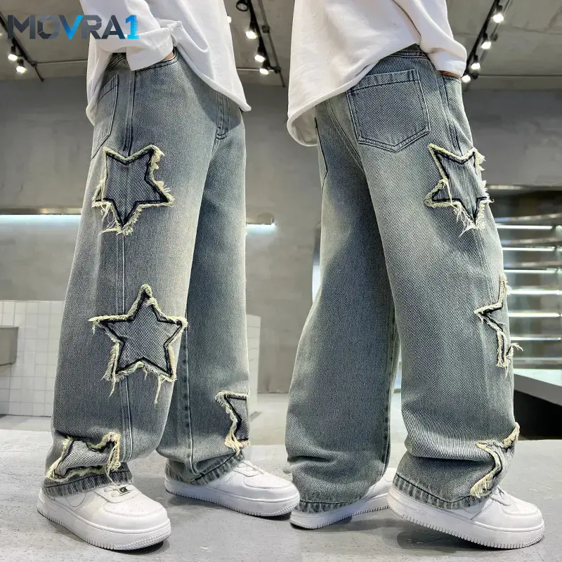 MOVRA1 Mid-large Children's Five-pointed Star Jeans, Embroidered Patch Design-sensing Straight Loose Pants, Personality Big Fashionable And Universal Casual Pants Boys Girls Plus Size