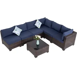 Aobtkel 7-Piece Outdoor Patio Furniture Set, All-Weather Wicker Rattan Sectional Sofa with Thick Cushions & Glass Table, Modular Patio Conversation Furniture for Backyard, Poolside & Garden (Brown-Blue) On-Site