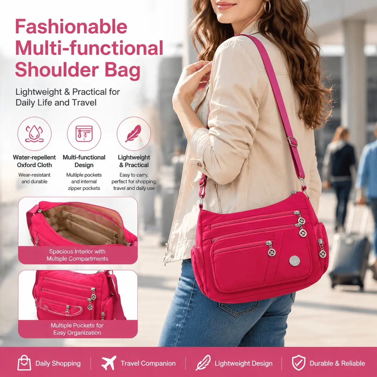 Waterproof Crossbody Bag for Women, Durable Oxford Commuter Purse with Multi-Compartment Storage, Card Slots & Key Holder, Convertible Handheld/Shoulder Bag, Magnetic Snap Quick Access, Lightweight Multi-Functional Tote