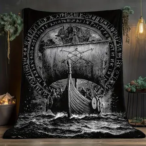 1pc Viking Ship Portable Blanket - Lightweight Flannel All-Season Soft Warm Throw with Nordic Symbols and Viking Sailboat Design, Perfect for Home, Camping, Travel, Sofa, Bed, and Office Decor, Exquisite Textured Craftsmanship, Durable Printed