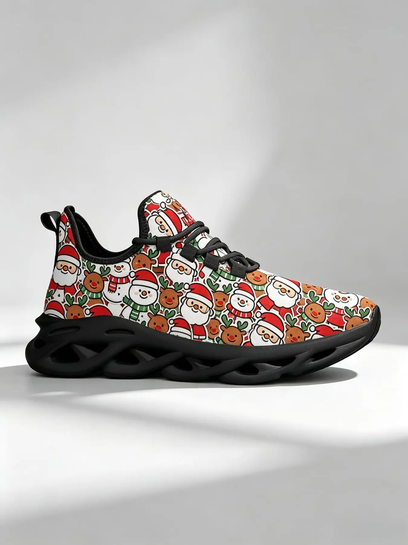 1 Pair Unisex Christmas Cartoon Santa Reindeer Blade Sneakers | Cute Festive Style Breathable Mesh Cushioned Non-slip Hollow Thick Soles, Ideal For Christmas Parties Holiday Trips Daily Outfits
