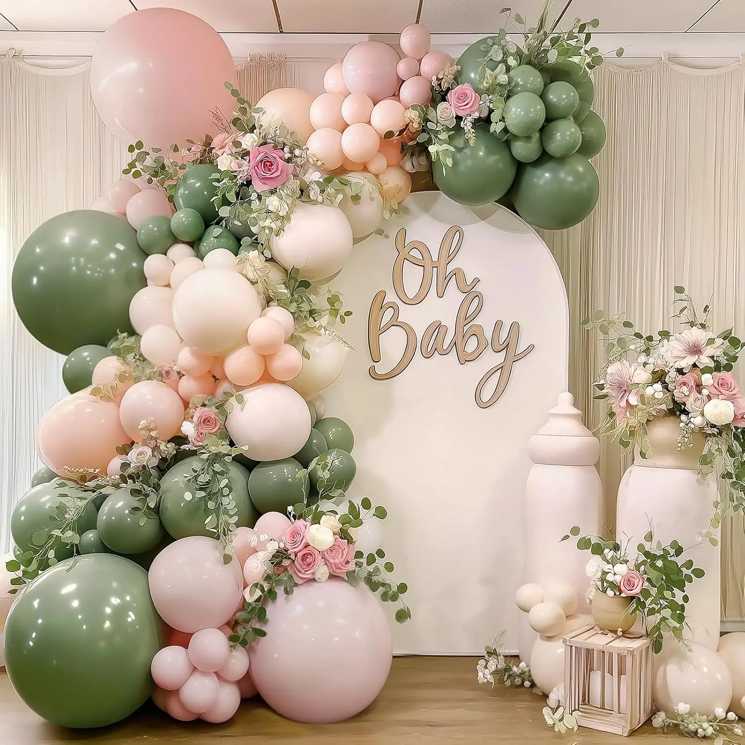and Green Neutral Balloon Arch Kit,  White Green Balloon Garland with  Size Sage Green Pastel  Sand White Light Orange Balloons for Wedding Birthday Party Bridal Shower Decorations