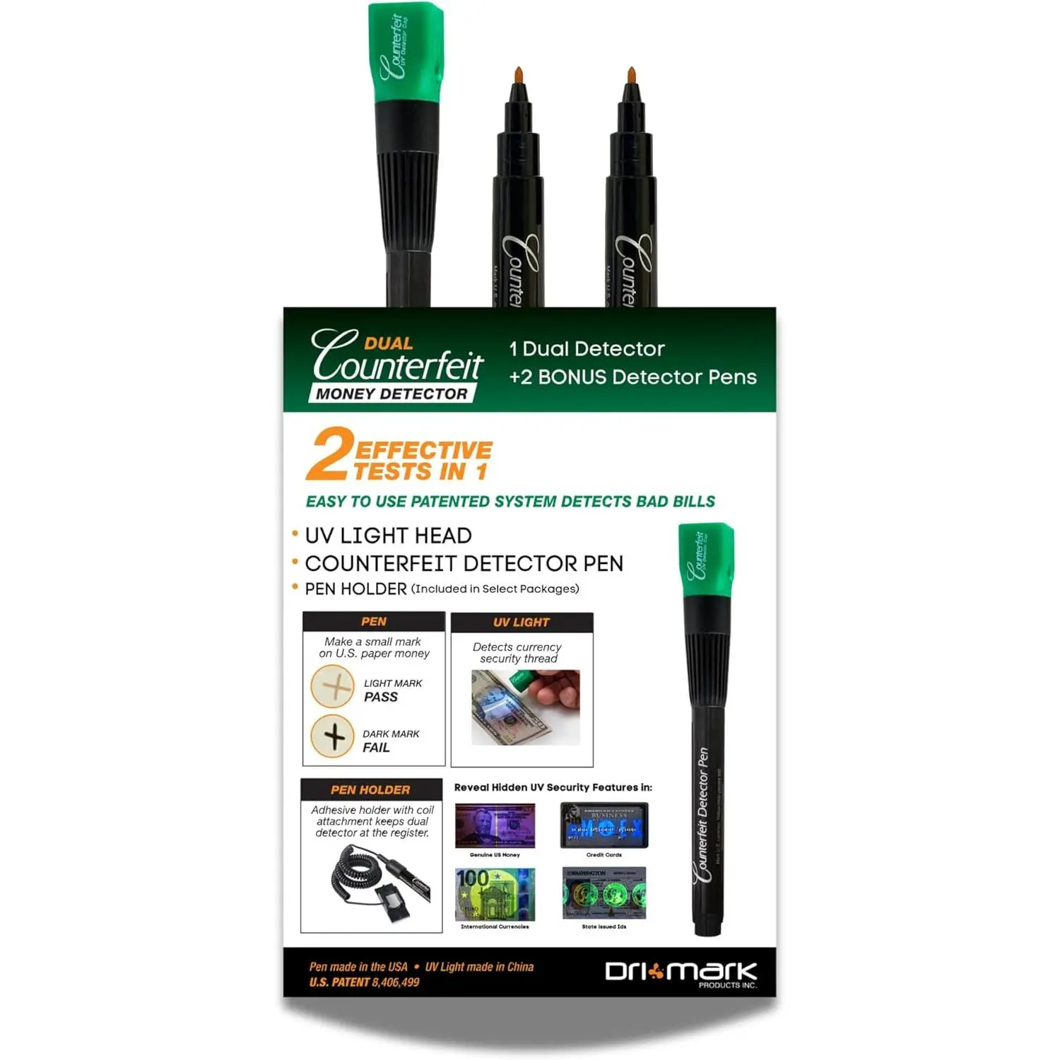Dri Mark Dual Test Counterfeit Money Detector Pen, UV Light Head Bonus Pack - Fake Money Bill Checker, Tests for Security Strips and Authentic Currency Paper, 1 UV Light/ 3 Pens