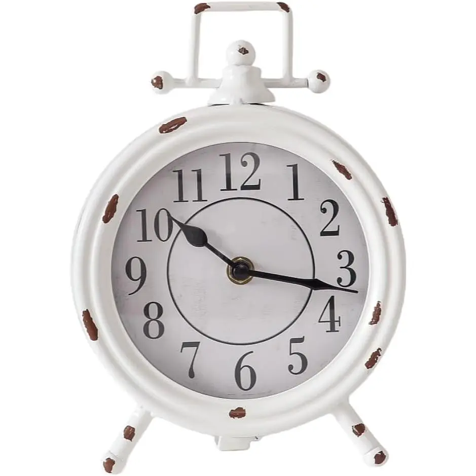Antique Round Decorative Vintage Table Clock with Handle, Battery-Operated Rustic Distressed White Home Decor, Ideal Gift for Fireplace Mantel, Desktop