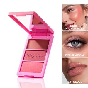 3 In 1 Multi Finish Face Makeup Trio, Satin Cream Blush + Velvet Powder Contour + Shimmer Highlighter, 6 Shades Buildable Blendable Compact, Multi-Use for Blush Eyeshadow Lip Makeup