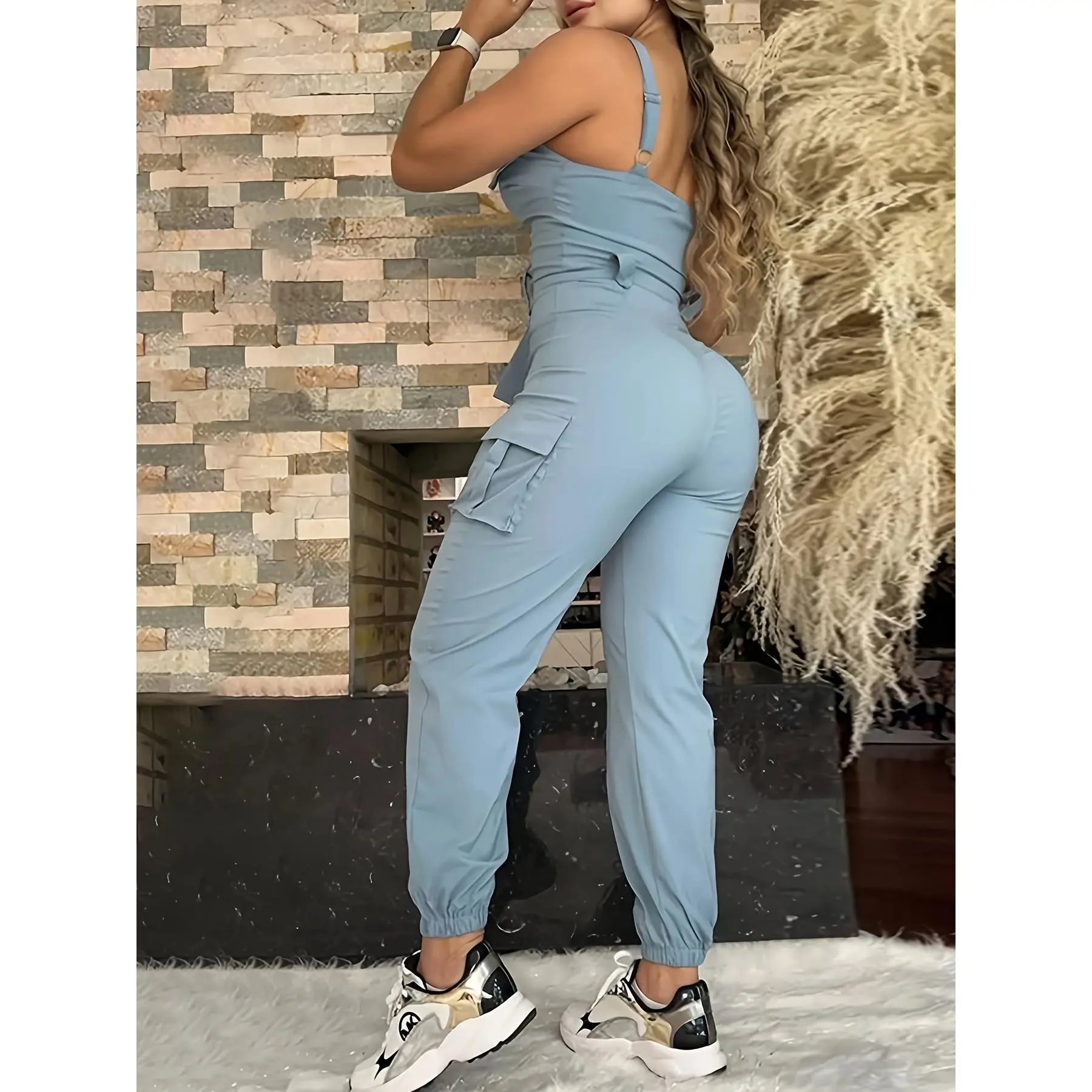 Trendy Suspender Jumpsuit with Button Closure, Unique Cargo Pockets, Versatile And