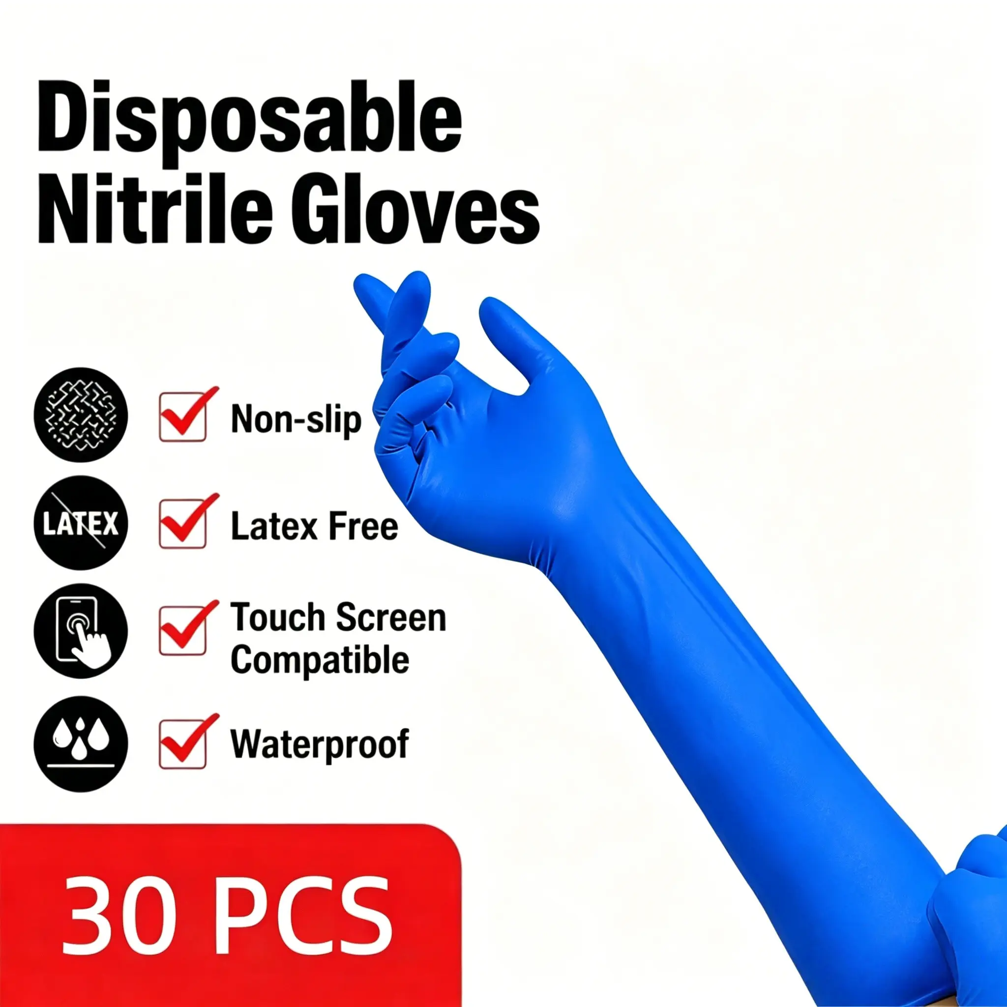 30 Pcs Bagged Durable Blue 16 Inch Nitrile Gloves, Latex-Free, Waterproof, Oil-Resistant, Ideal for Cleaning, Bath, Pet Bathing, Hairdressing, Car Washing