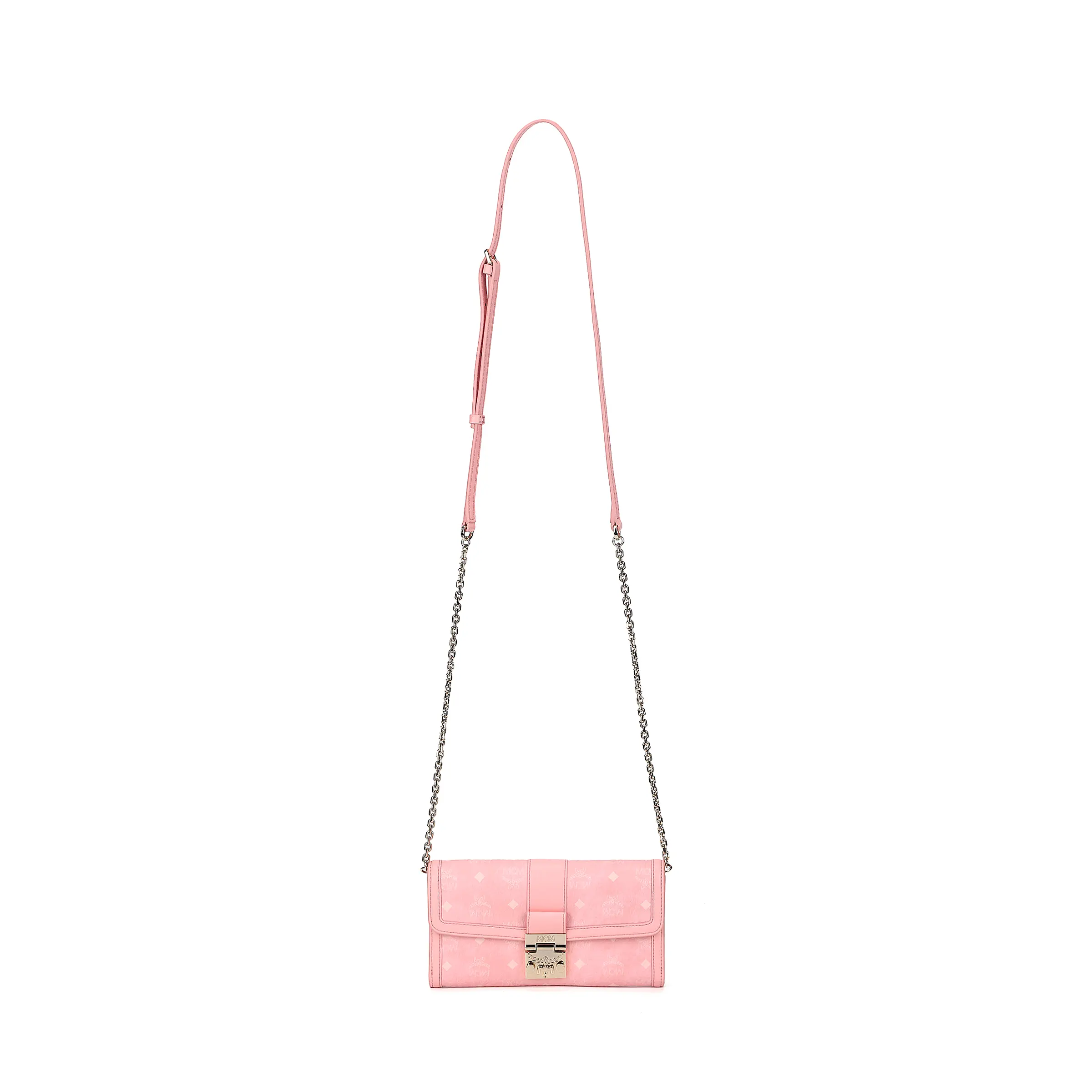 MCM Monogram-Printed Lock-Clasp Chain-Shoulder Bag for Women, Coated Canvas, Large Size, Sakura Pink