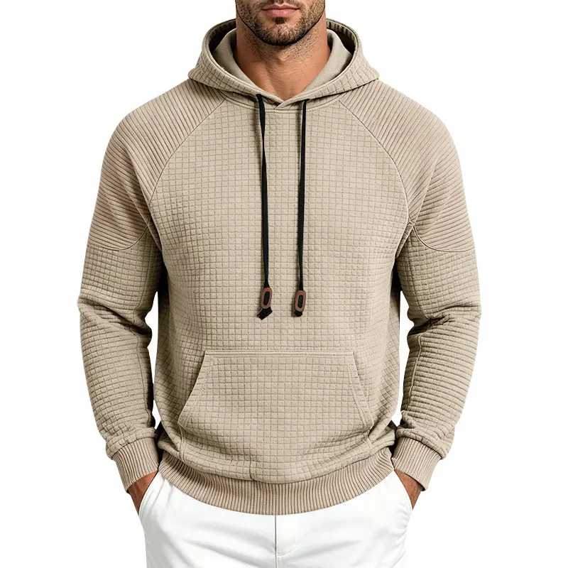 Men’s Waffle Knit Hoodie, Textured Long Sleeve Pullover Sweatshirt, Relaxed Fit Casual American Streetwear Top for Daily Wear, Work, Travel, Outdoor Activities and Weekend Fashion
