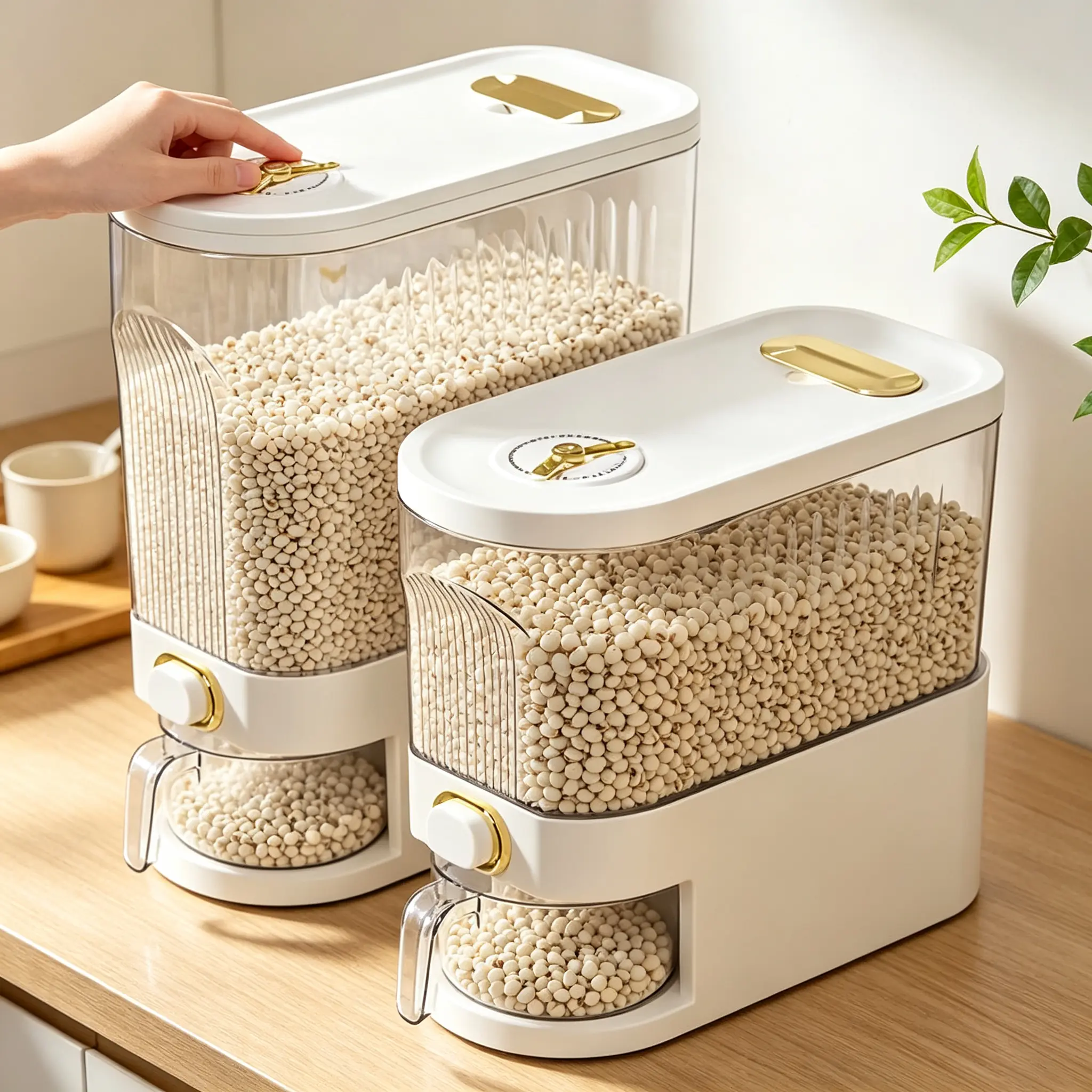 Rice Dispenser Storage Container, Airtight Dry Grain Rice Bin with One-Click Dispensing, Moisture & Insect Proof, Transparent Cereal Holder for Rice, Beans, Oats Kitchen Utensils