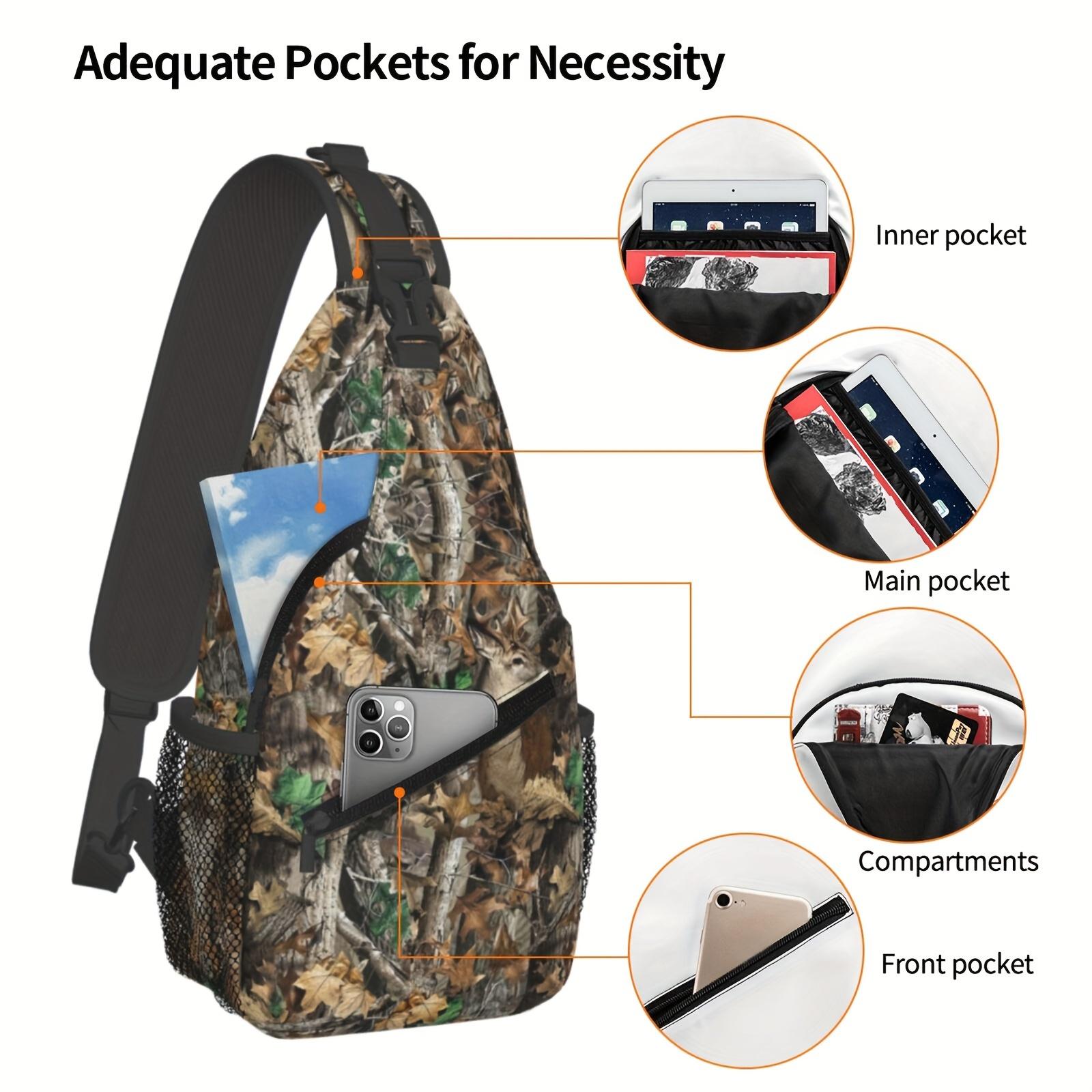 A Versatile Crossbody Chest Bag Designed for Hiking, Featuring a Camouflage Pattern with Leaves  Deer. This Folding Backpack Offers Ample Storage  Is Stylishly Durable, Making It Suitable for Shopping, Work, Travel, Beach Outings and