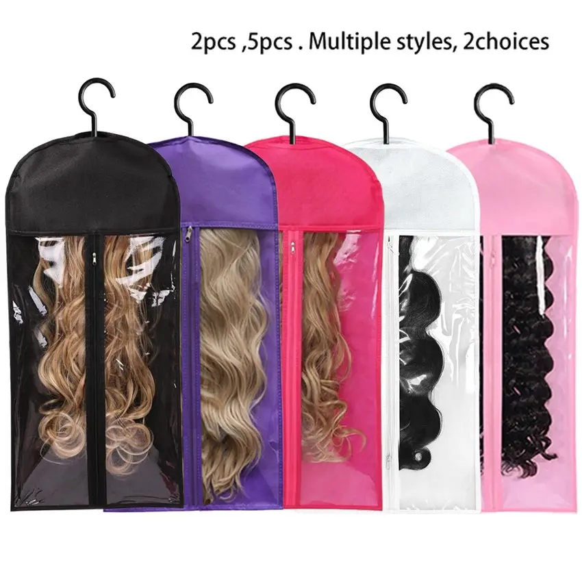 5PCS Wig Storage Bag With Hook Wig Storage Hanger Zipper Transparent Dustproof, Hair Extension Holder For Multiple Wigs Hair Extension Hanger Wigs Accessories For Salon & Home Use, Dustproof Design
