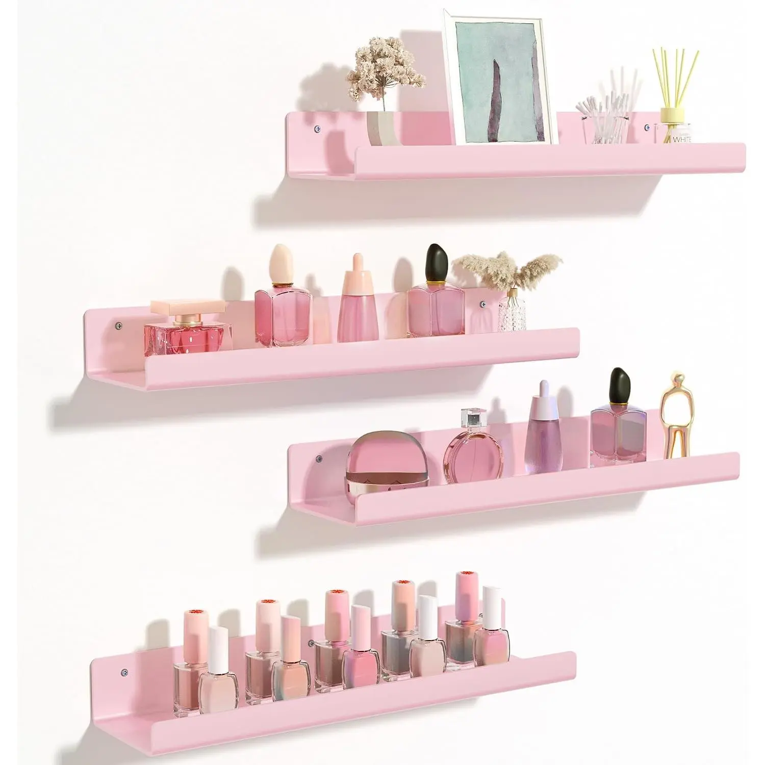 Acrylic Shelves for Wall Decor, 15" Display Shelf Perfume Organizer for Bathroom, Bedroom, Living Room, Floating Bookshelves for Kids, Pink, 4 Pack