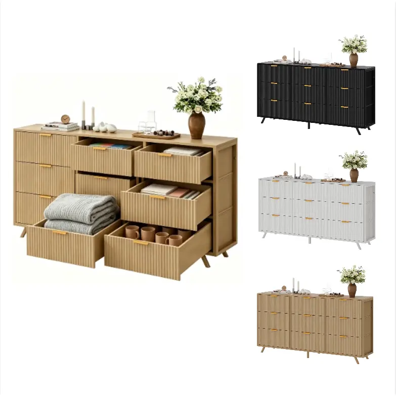 9 Drawer Dresser for Bedroom 57 Inch Fluted Wooden Chest of Drawers Modern Storage Cabinet Media Console and TV Stand for 35/45/55 Inch TVs Large Organizer with Reinforced Base