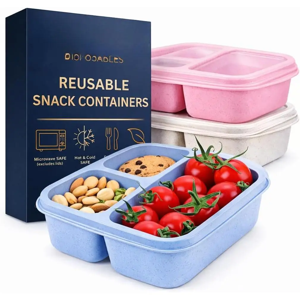 Meal Prep Containers 3 Pack with 3 Compartments –  Bento Lunch Box, Stackable Snack Containers with , Microwave & Dishwasher Safe  Storage for Work & Travel