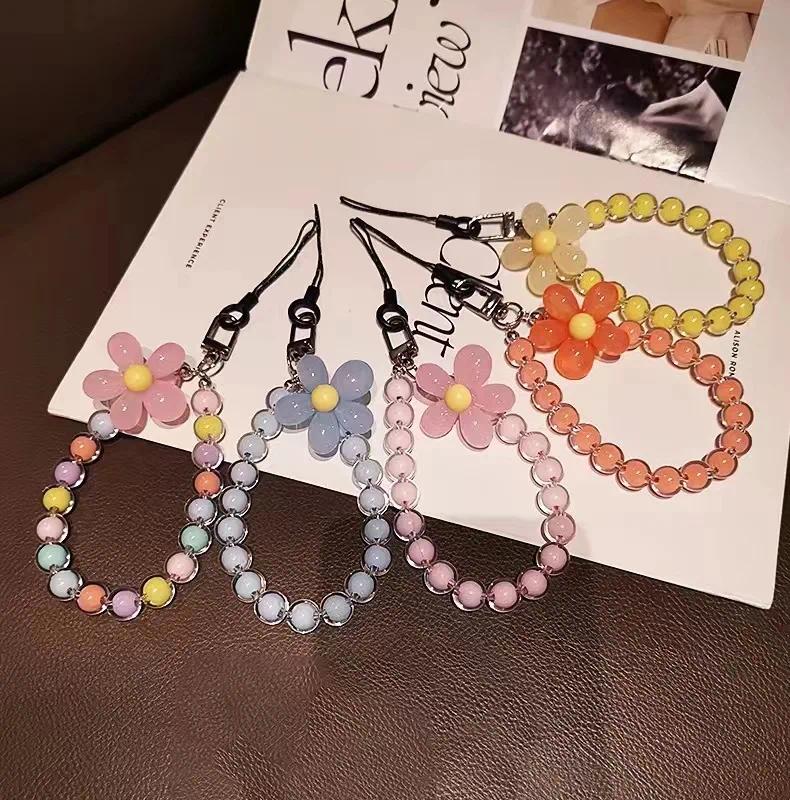 Colored bead petal Lanyard for IPhone Anti-Lost Bracelet for Samsung Mobile Phone Case Wrist Strap Car Keychain Cute Phone Charm