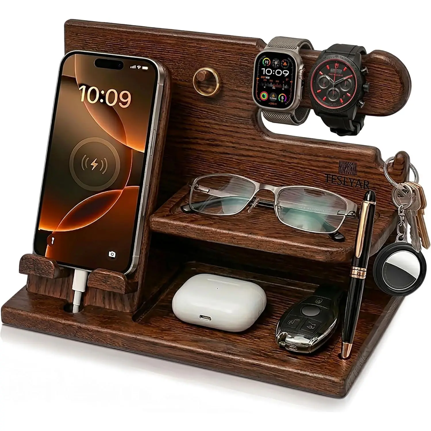 Wood Phone Docking Station for Men with Key Holder, Wallet Stand, Watch & Essentials Tray - Desk or Nightstand Organizer, Birthday Gift for Husband or Dad (Bourbon Brown)