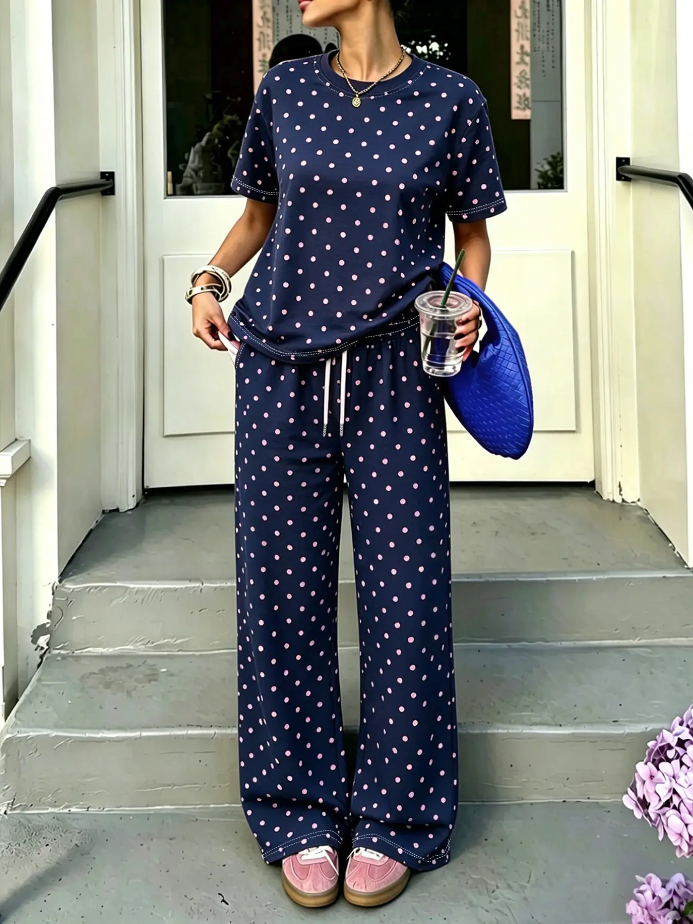 Women Polka Dot Print Two Piece, Crew Neck Short Sleeve Tee & Drawstring Adjustable Wide Leg Pants, Casual Loungewear Tracksuit Set