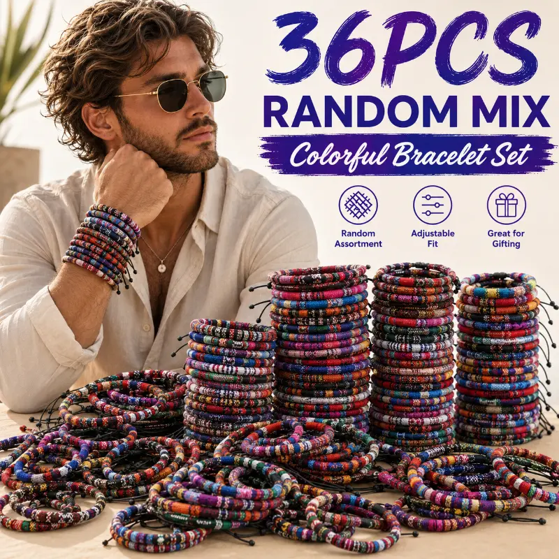 36Pcs Men Braided Bracelet Set, Mixed Color Wrist Bracelets, Adjustable Stackable Wrist Bands for Daily Party Dating, Ideal Gift Choice for Men