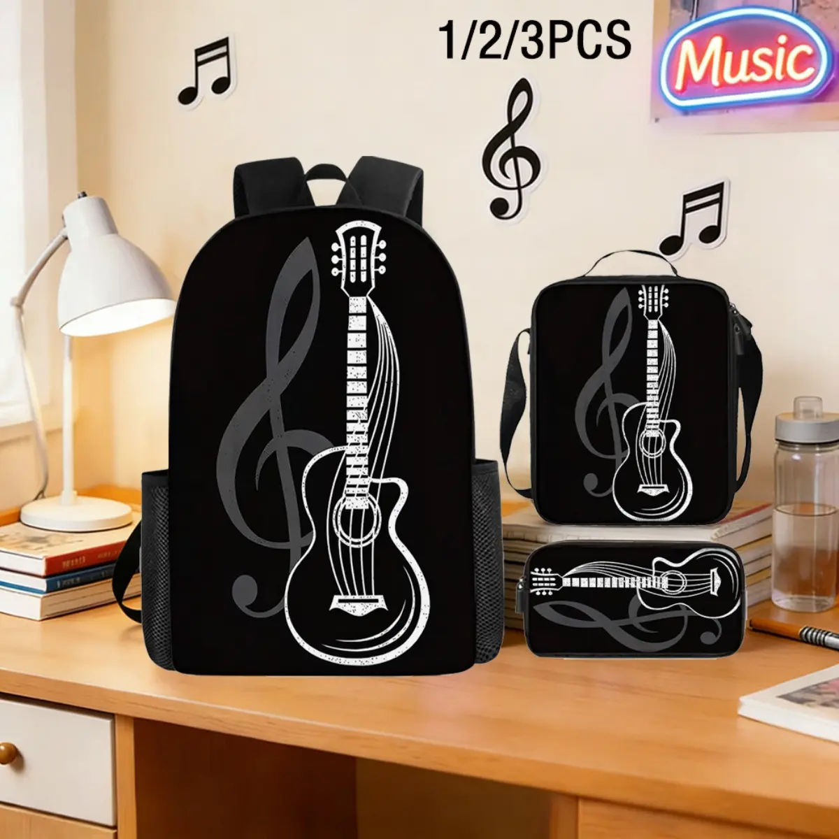 3pcs Musical Note Backpack with Guitar - Large Capacity Bookbag, Crossbody Bag & Pencil Case Suitable for Travel, Commuting, Music-Themed Gift, Adjustable Straps, Bag for, College, Birthday Present