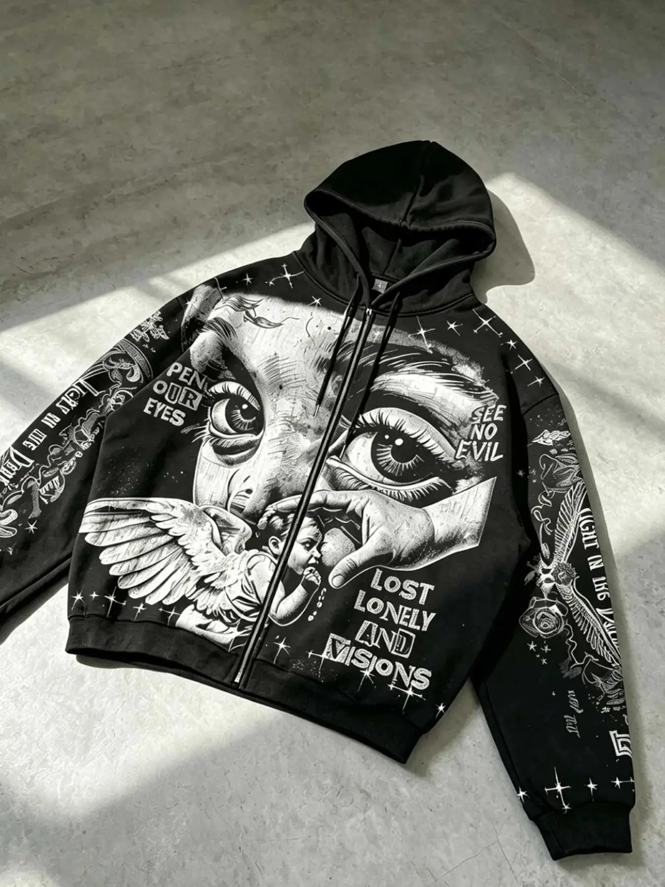 Men's Street Style Hooded Sweatshirt, Angel Eye Print, Long Sleeve, Zip Up, Fall & Winter, Casual Slim Fit, Y2K Trendy Jacket