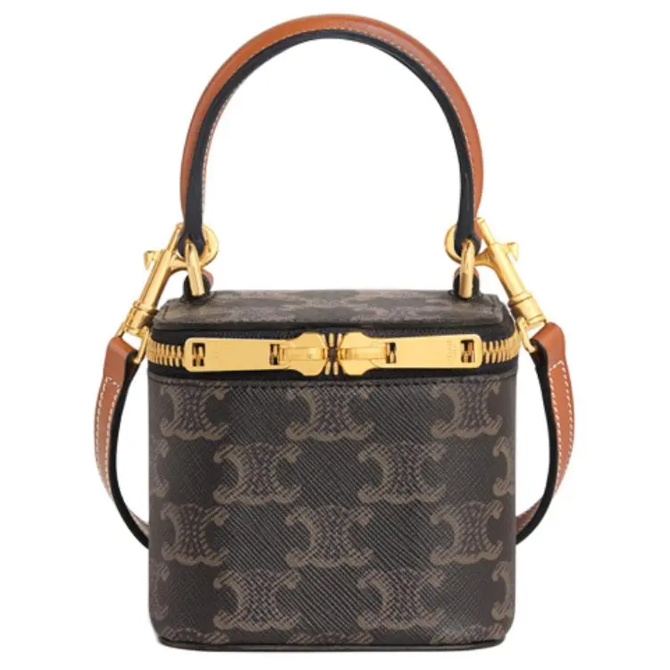 Celine Triomphe Monogram Canvas and Calfskin Mini Box Bag for Women, Adjustable Detachable Strap, Tan
