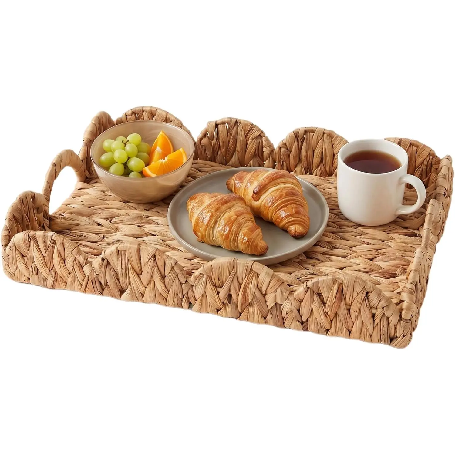 Rectangle Wicker Scalloped Tray, Rattan Serving Trays with Handles, Seagrass Basket for Decorative & Organizing