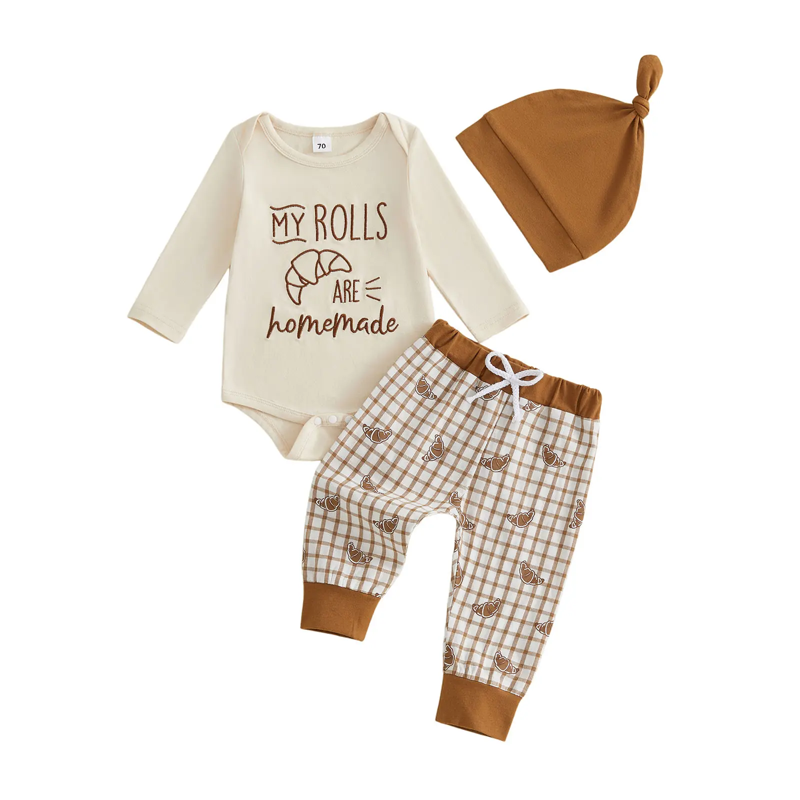 FOCUSNORM Newborn Baby Boys Thanksgiving 3Pcs Outfit My Rolls Are Homemade Croissant Letter Print Long Sleeve Bodysuit Plaid Print Pants Knotted Hat Fall Clothes 0‑18M