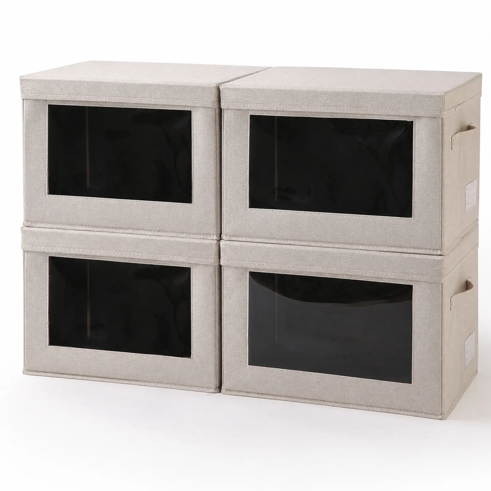 4 Pack Fabric Storage Bins with Lids, Foldable Closet Organizers with Clear Window & Label Holder, 15x10x10" Beige Clothing Storage Boxes