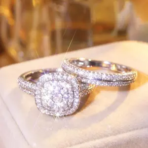 Women’s 2-Piece Double Halo Cushion Cut Stackable Bridal Ring Set, Promise Rings for GF, Pave  Engagement Jewelry