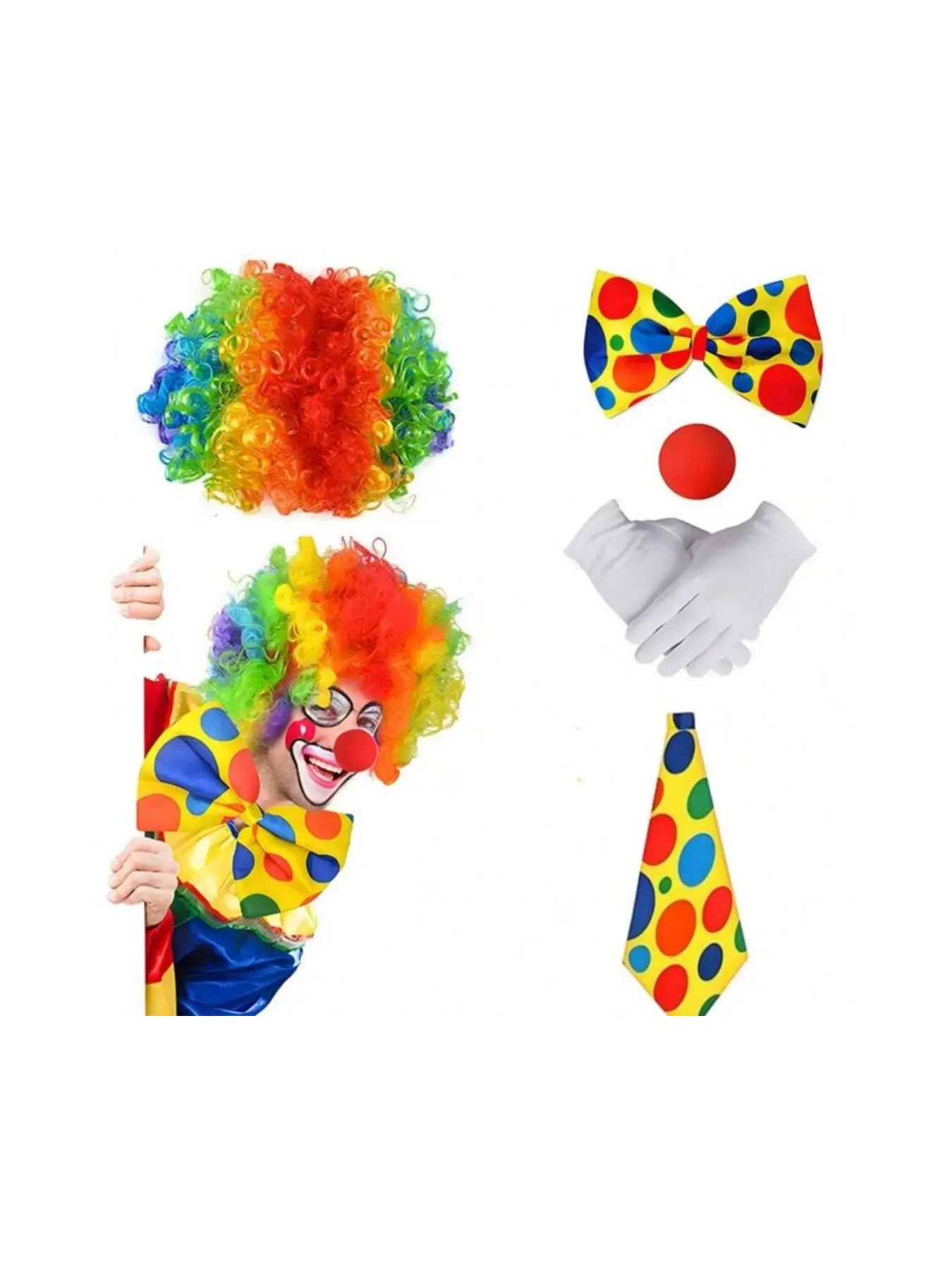Clown Costume Accessories Set (5 Pieces), Includes Rainbow Hair Roll, Polka Dot Bow Tie, Clown Nose, Gloves, Halloween Carnival Role Play