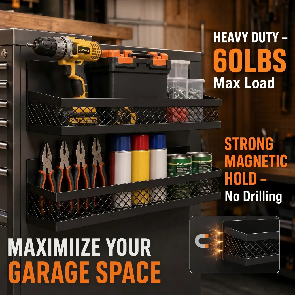 Heavy Duty Removable Magnetic Shelf - Strong Magnetic Tool Organizer, No Drilling Space-Saving Pegboard Tool Rack for Garage, Workshop, Ideal for Mechanics, Father's Day Gifts