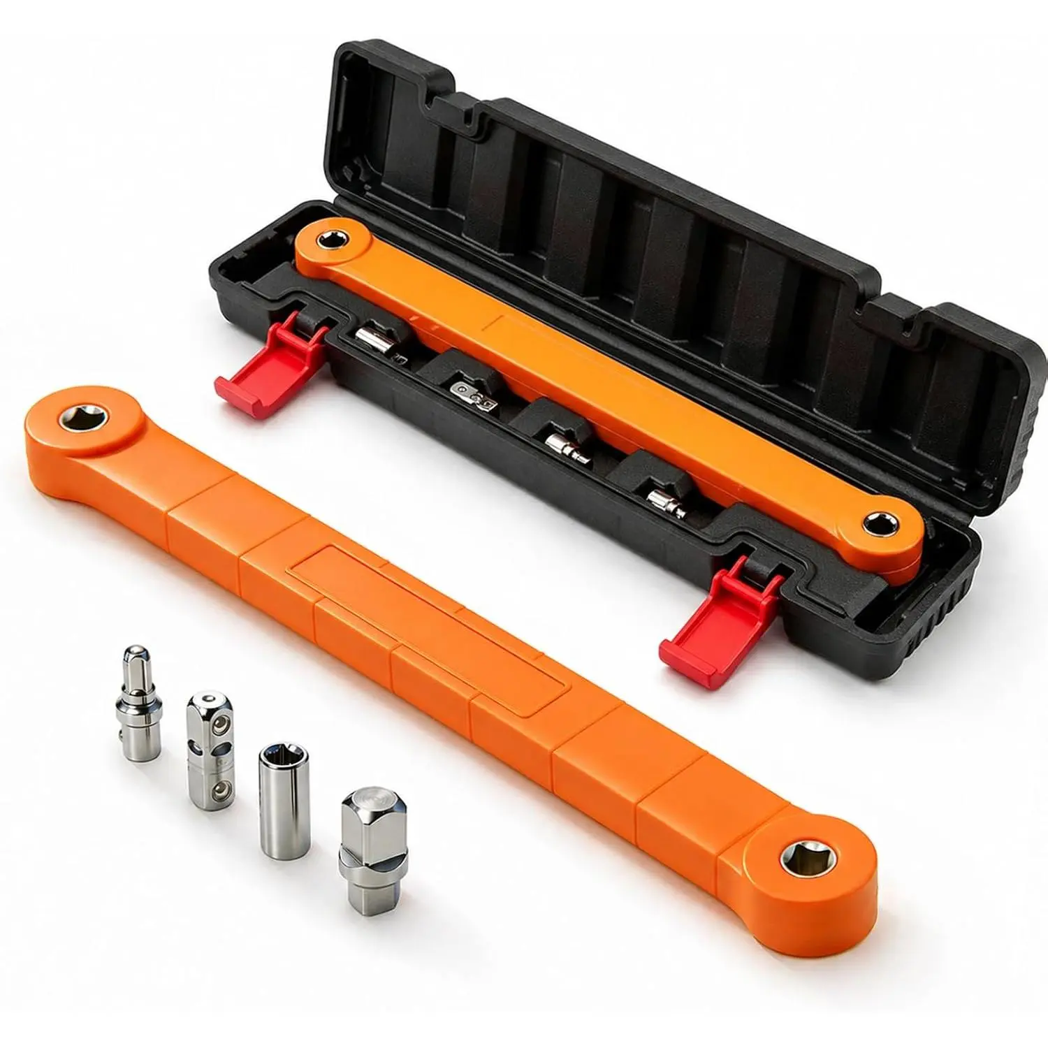 16-Inch Offset Extension Wrench Kit – Tight  Ratchet Extender Set with Storage Case, Zero  Swing, 1/4", 3/8", 1/2" Adapters for Automotive & Mechanical Repairs(Orange)