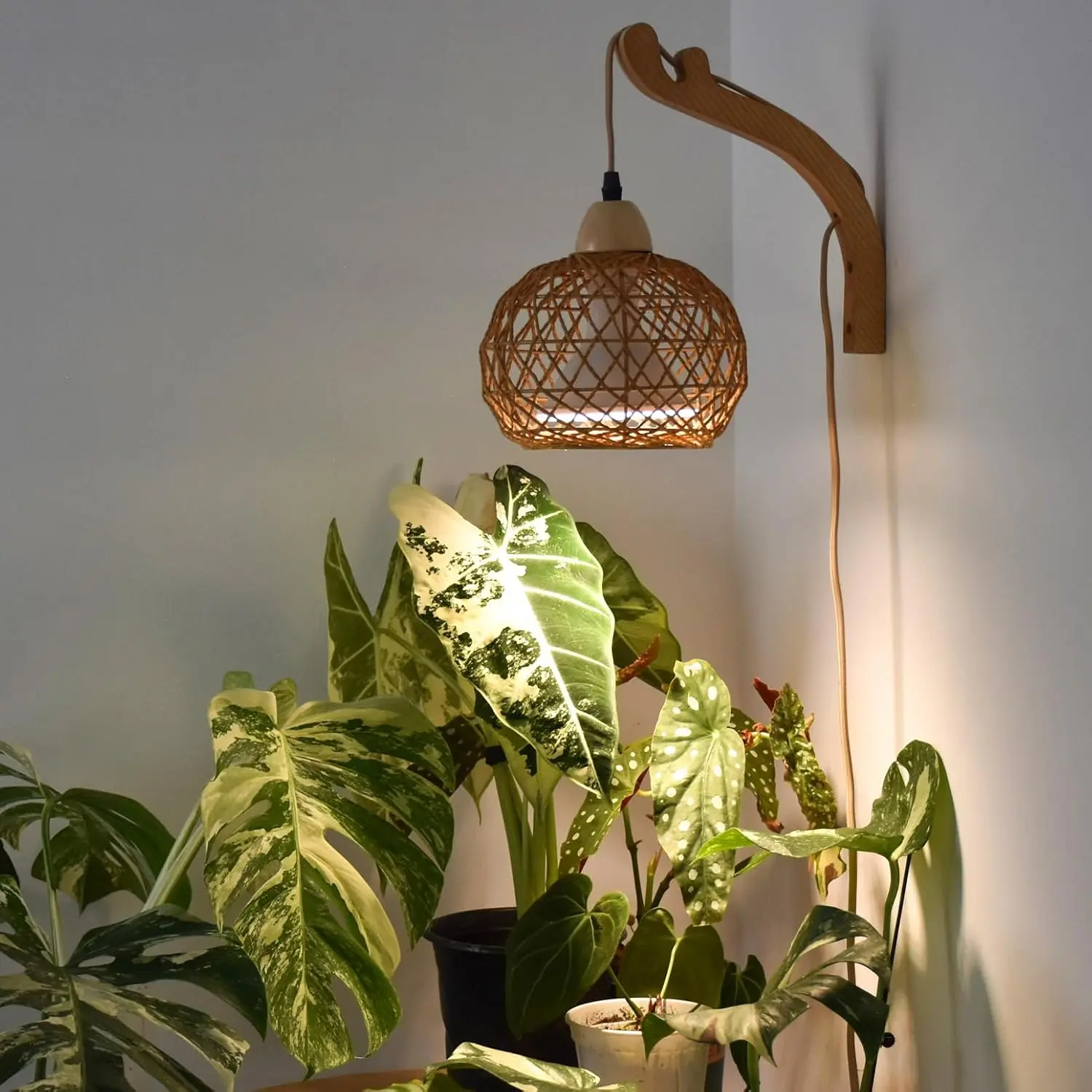 Hanging Grow Lights for Indoor Plants, 18W Full Spectrum Plant Light, Boho Rattan Lantern Shade, 3800K Wall-Mounted Decorative Grow Light with 9.8FT Power Cord for Indoor Plant Growing, Flowers