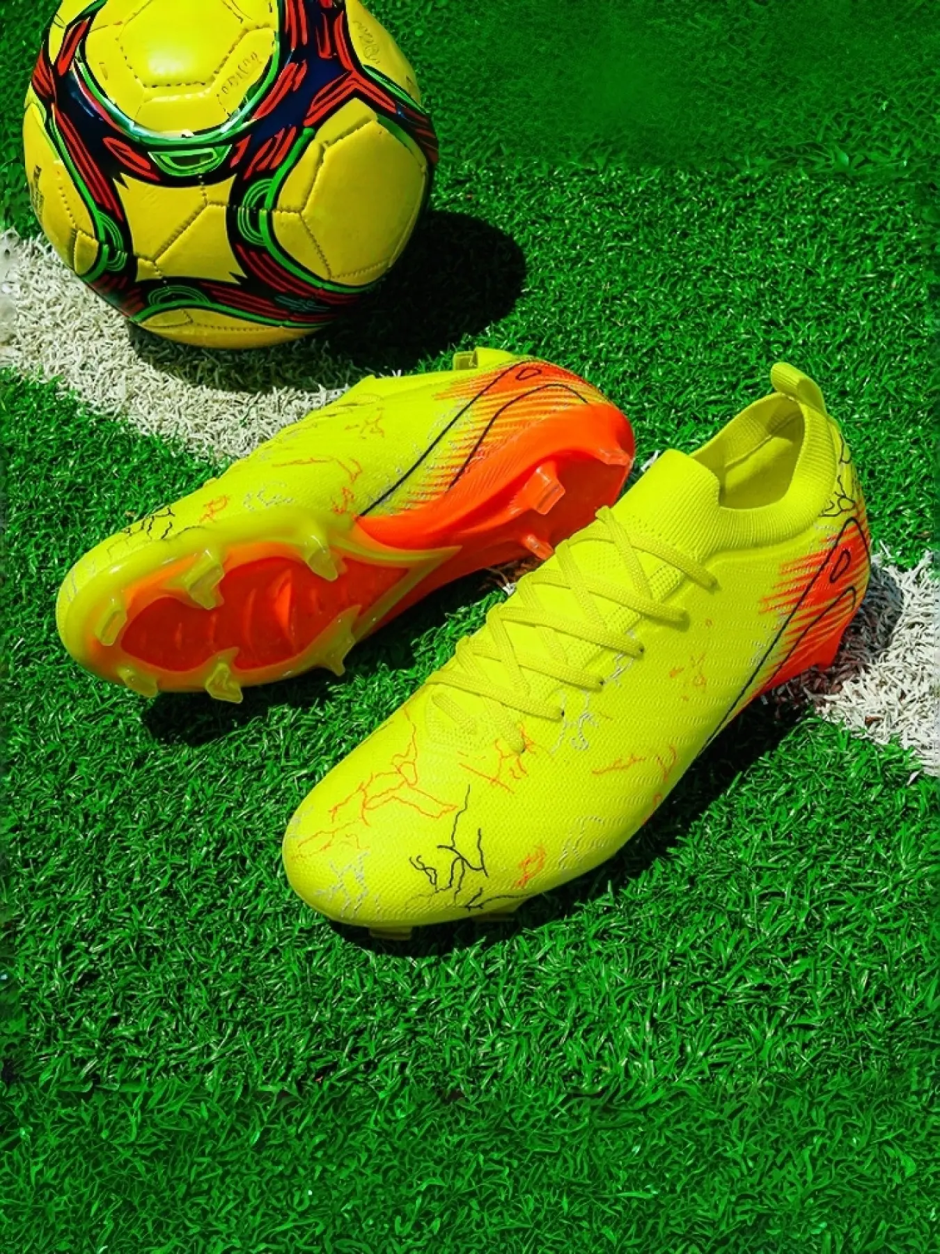 1 Pair Unisex White-Blue-Pink FG Soccer Cleats Football Boots | Lightning Print Design | Flyknit Upper | TPU Studded Sole | Anti-slip & Durable | For Natural Grass Fields, Training & Matches