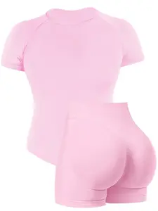 Women's Outdoor Breathable Stretch Yoga Set, Athletic Sportswear, Casual Quick-Dry Fitness Top & Running Sports Shirt Short-Sleeved Fitness Running Yoga Butt-Lifting Shorts High-Stretch Moisture-Wicking Seamless Short-Sleeved Casual Breathable Sports Set