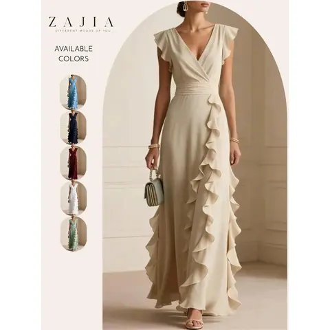 Women's Chic Wrap-Front Deep V-Neck Ocean Style Maxi Gown - Flutter Ruffle Sleeve with Ruffle Movement, Formal Wedding Attire, Ideal for Wedding Guests, Formal Dresses, Maxi Dresses