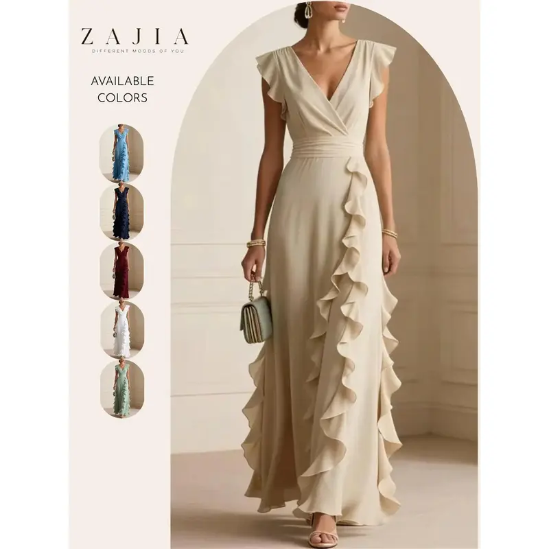Women's Chic Wrap-Front Deep V-Neck Ocean Style Maxi Gown - Flutter Ruffle Sleeve with Ruffle Movement, Formal Wedding Attire, Ideal for Wedding Guests, Formal Dresses, Maxi Dresses