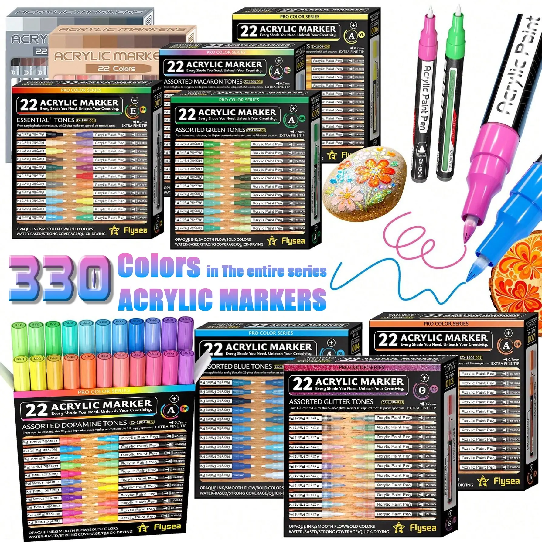 Flysea Acrylic Paint Markers Set, 22 Pieces, 17 Color Families, Fine Tip 0.7mm, Quick Dry, Non-Discoloring, Ideal for Art & Craft Projects