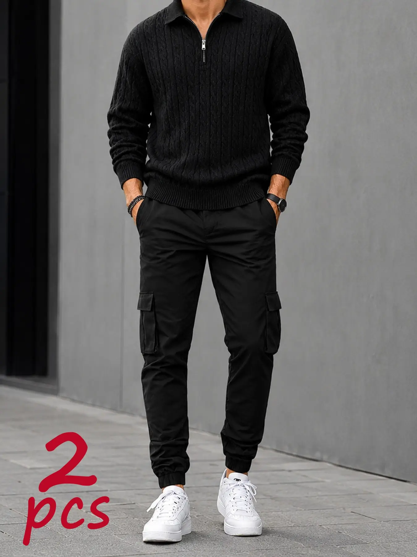 Men's 2-Piece Quarter Zip Polo Collar Sweater & Cargo Jogger Pants Set, Regular Fit, Vintage Casual Streetwear, Fall Winter