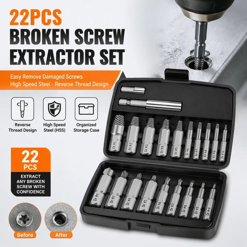 22 in 1 Screw Extractor Kit, High Speed Steel Reverse Thread Broken Bolt Remover Tool Set for Home & Auto Repair