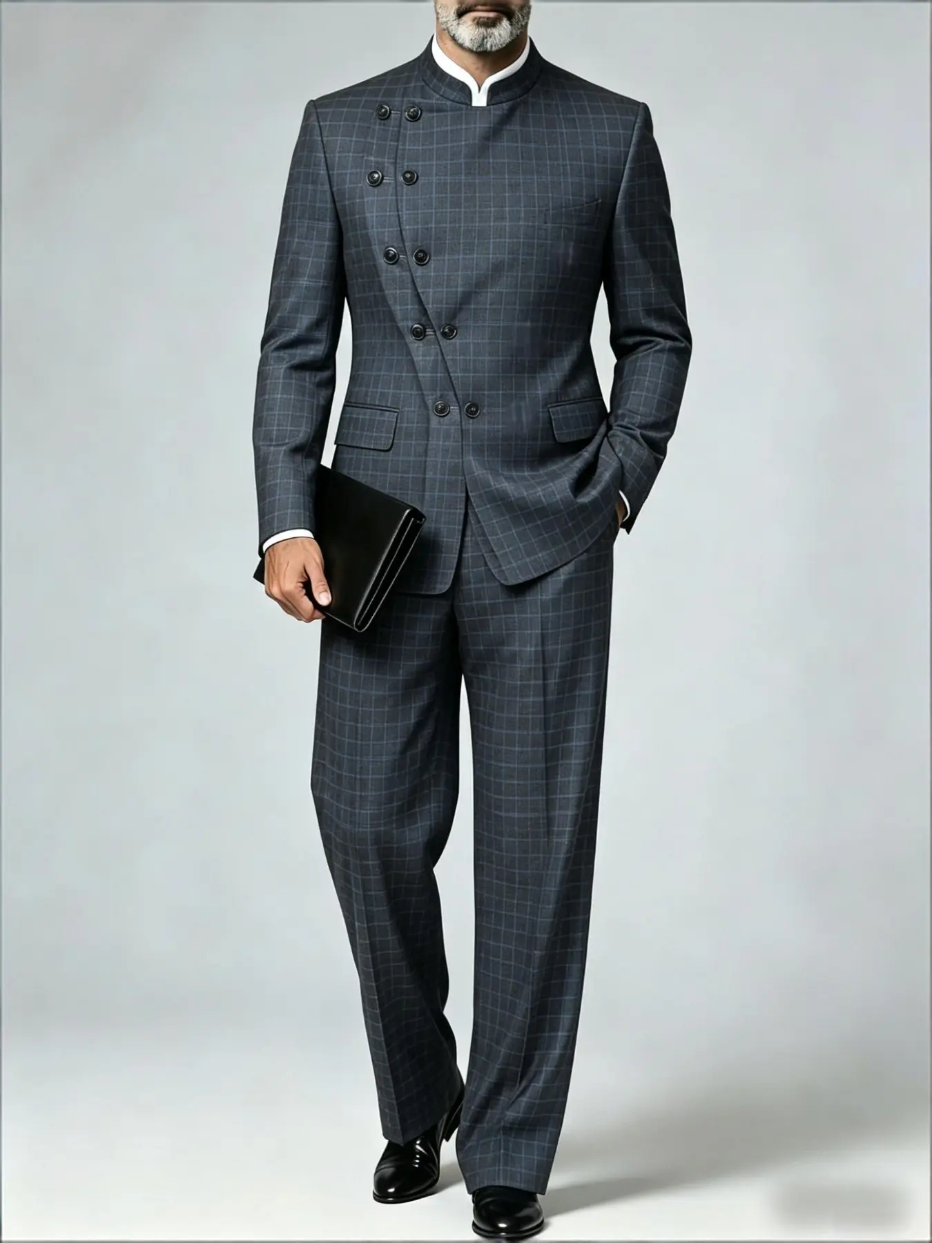 Ainwear Stand-Up Collar Plaid Men 2-Piece Suits, Asymmetrical Oblique-Button Blazer + Pants, Formal Business Jacket Suit