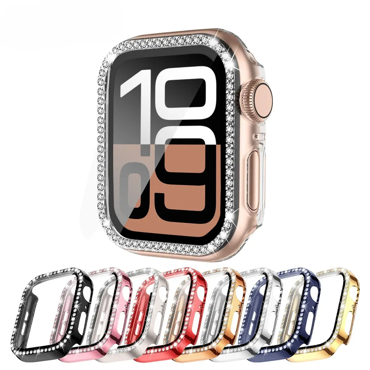 Single Row Bling Rhinestone Inlaid Hard PC Case With Built-In Tempered Glass, 2 In 1 All In One Protective Bumper Cover Compatible With Apple Watch Series 1 2 3 4 5 6 7 8 9 10 11 SE Ultra (Watch Not Included) Smartwatch Accessories Protection