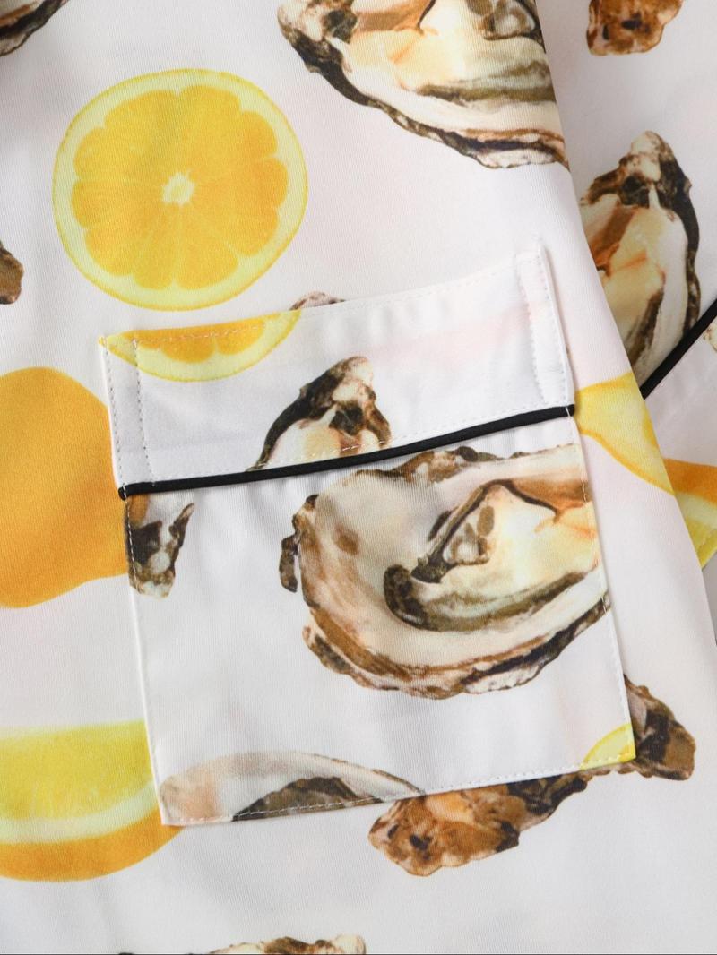 Women's All Over Print Shirt & Shorts Pyjama Two-piece Set, Casual Comfy Short Sleeve Top & Shorts Set, Ladies Sleepwear for All Seasons, Shorts Pj Set