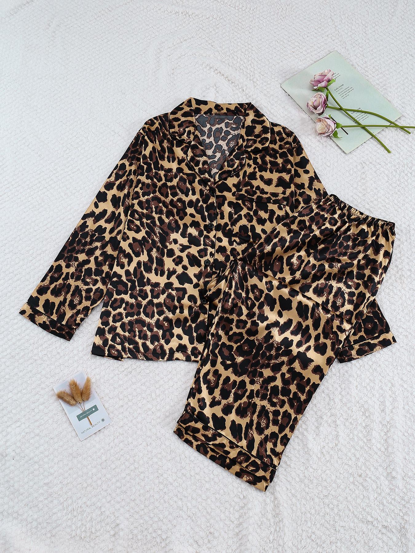 【Plus Size】 Two-Piece Set All Over Print Button Front Shirt & Pants Satin Pyjama Set, Casual Comfy Long Sleeve Top & Trousers PJ Set, Women's Sleepwear for Spring & Fall