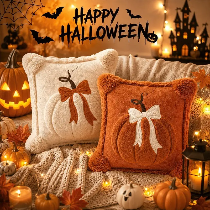 2 Halloween Themed Soft Pumpkin Jacquard Pillow Covers, Pure Color Plush Pumpkin Decorative Cushion Cases, Seasonal Home Decor