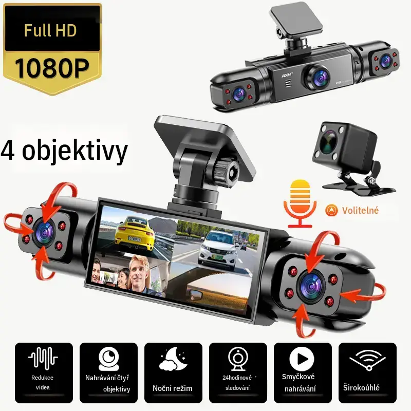 4 Channel 360° Wideangle Car Dashcam Set for Driving Safety, Full HD 1080P Front Lens, 720P Rear/Left/Right Lenses, Car Electronics Accessory, Includes Free 64GB Memory Card
